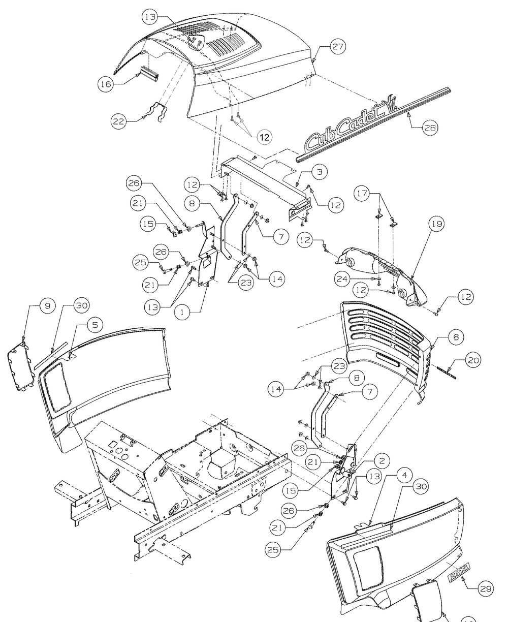 Grille, Hood And Side Panels Diagram and Parts List for 2518-44 13A208L100-13B288L100 Cub Cadet Lawn Tractor